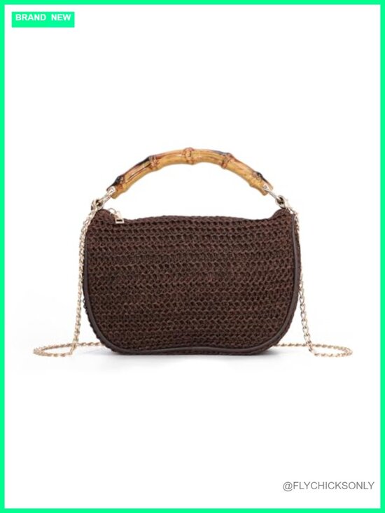Handbags - Natural Straw Woven Hobo Clutch with Imitation Bamboo Handle